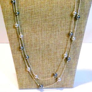 RMN Signed Silver Tone Gray Faux Pearl Station Chain Necklace *